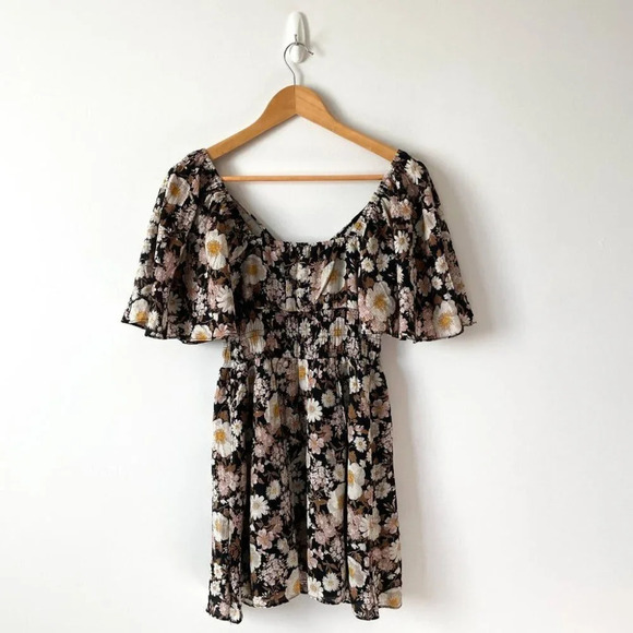 Abercrombie & Fitch Angel Sleeve Smocked Waist Mini Dress Brown Floral Sz Small - Picture 7 of 10